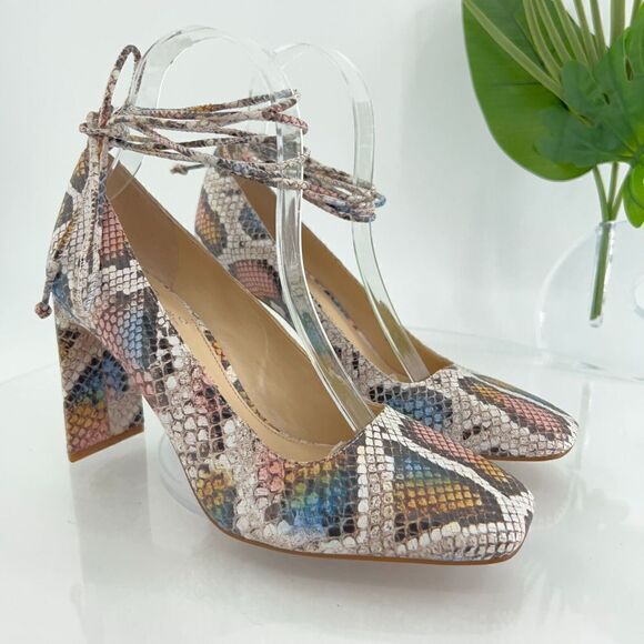 Vince Camuto Damell Ankle Wrap Pump Women's Size 7.5 Snake Print Leather Elegant - Picture 1 of 15